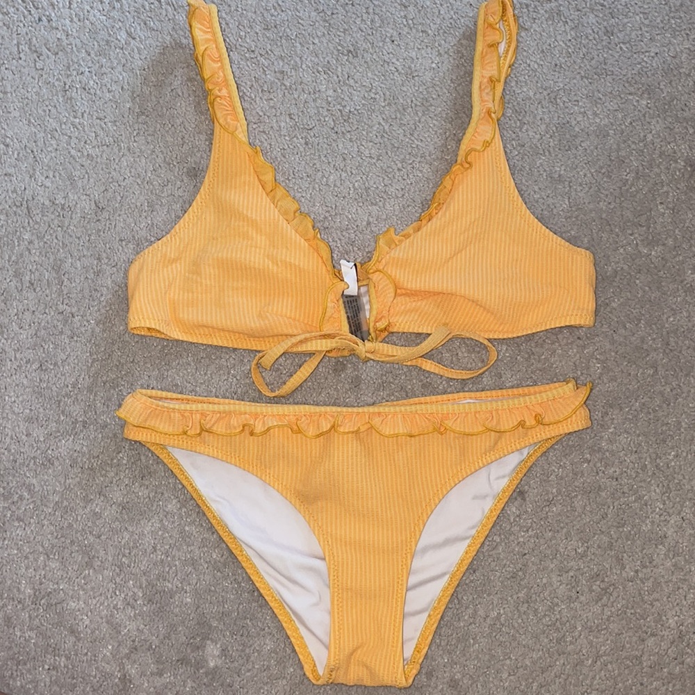 SOLID & STRIPED Yellow Ruffle Ribbed Bikini Set